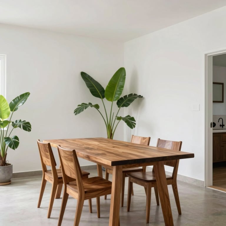 An airy dining room with a wooden table and indoor tropical plants, set in a clean, white-walled Indian home.