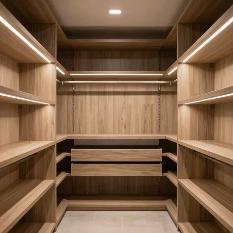 A spacious walk-in closet with modern shelving and sophisticated warm recessed lighting.