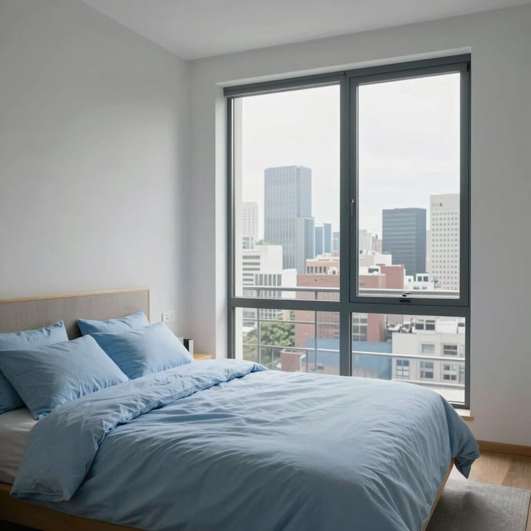 A minimalist master bedroom featuring light blue bedding and a large balcony window overlooking a city skyline.