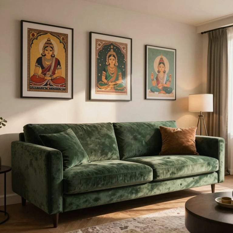 A contemporary living room with a green velvet sofa and South Asian art on the walls, illuminated by warm evening lighting.
