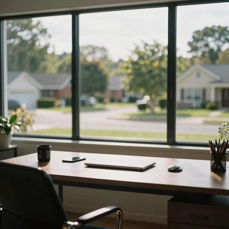 A sunlit home office space with a sleek desk and view of a lush green suburban neighborhood.