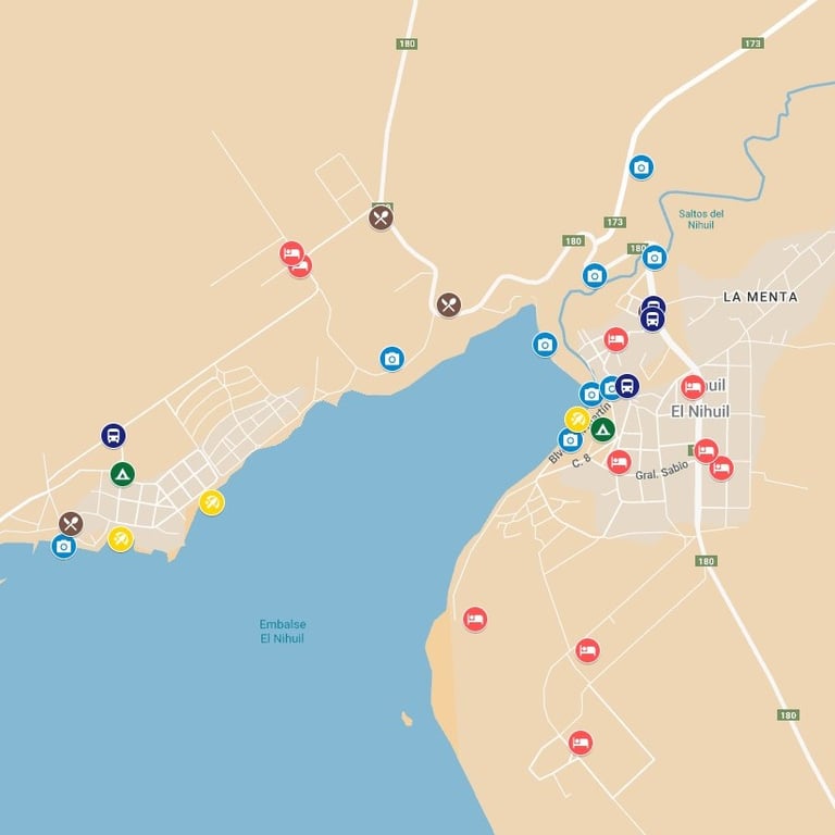 Mapa completo de El Nihuil, con atractivos, hoteles, actividades y paradas de colectivo