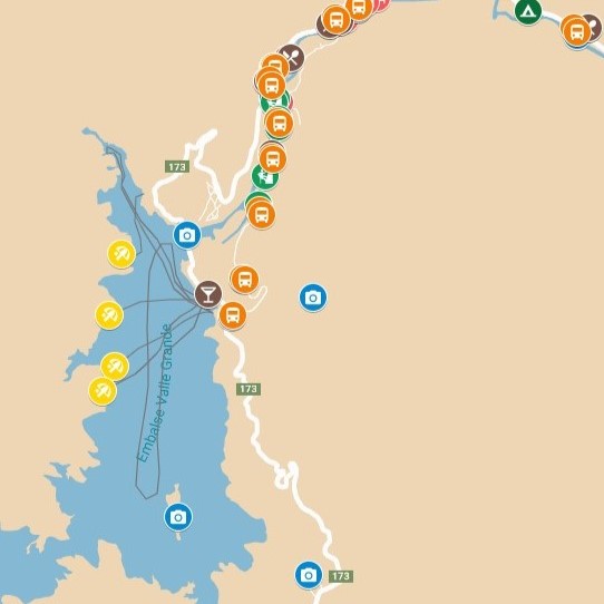 Mapa completo de Valle Grande, con atractivos, hoteles, actividades y paradas de colectivo