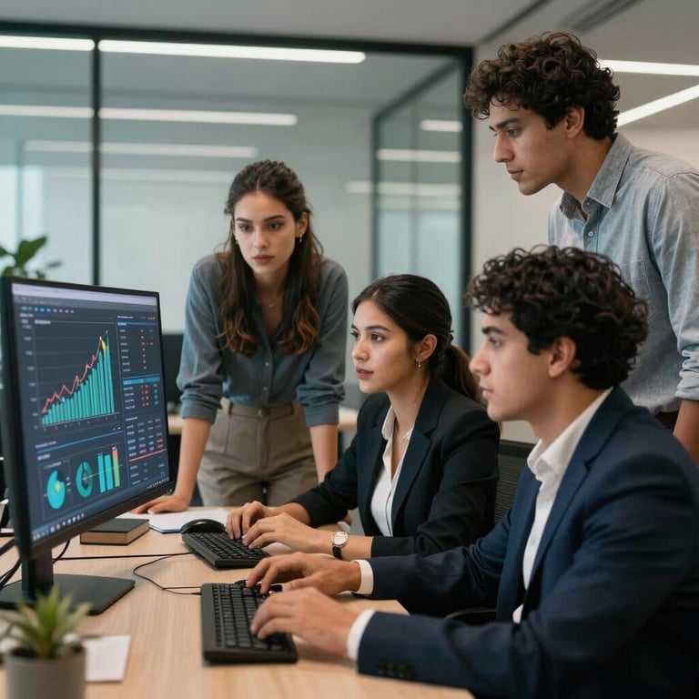 A group of diverse Hispanic young professionals collaborating in a high-tech office with glass walls, looking at digital growth charts.