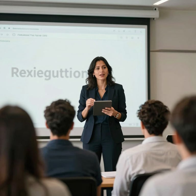 A South American woman giving a confident presentation about digital marketing to an inspired audience.