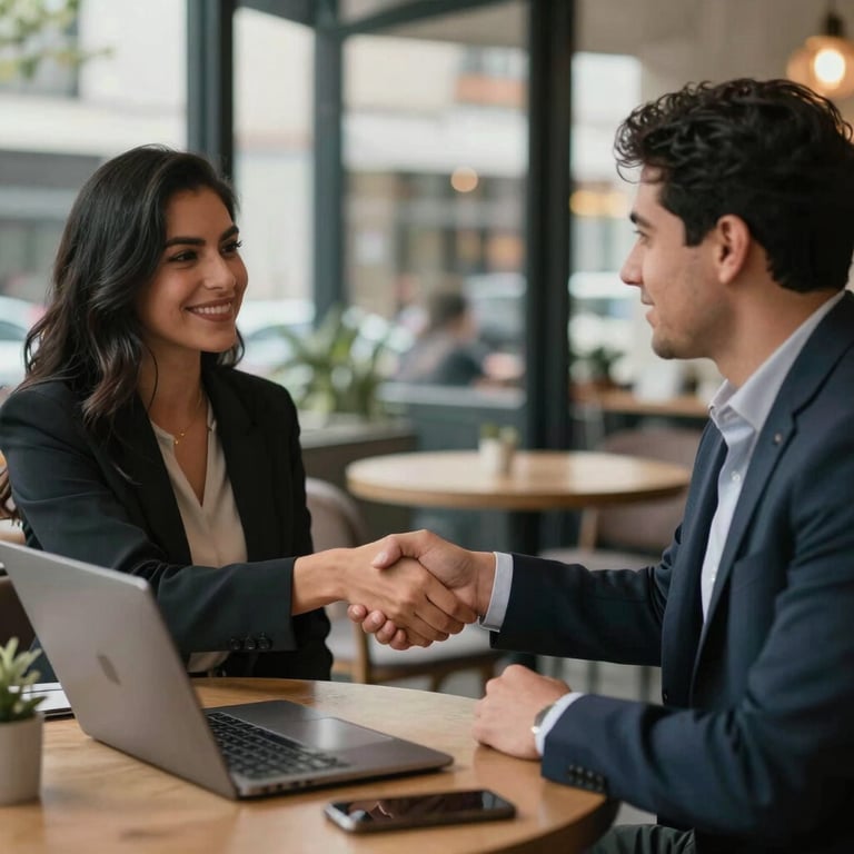 Two professionals in a Hispanic city café, shaking hands over a successful digital collaboration.