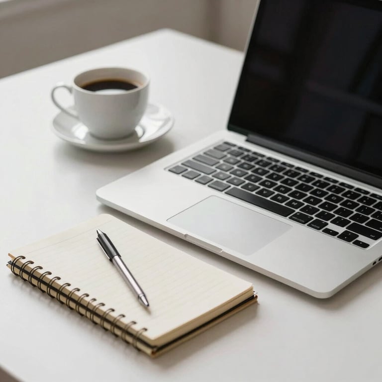 A clean, minimalist workspace with a laptop, a notebook, and a coffee cup, representing productivity and modern work life.