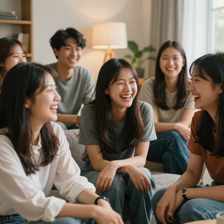 A group of young, energetic cell leaders laughing together in a cozy living room, natural warm indoor lighting, candid and joyful.