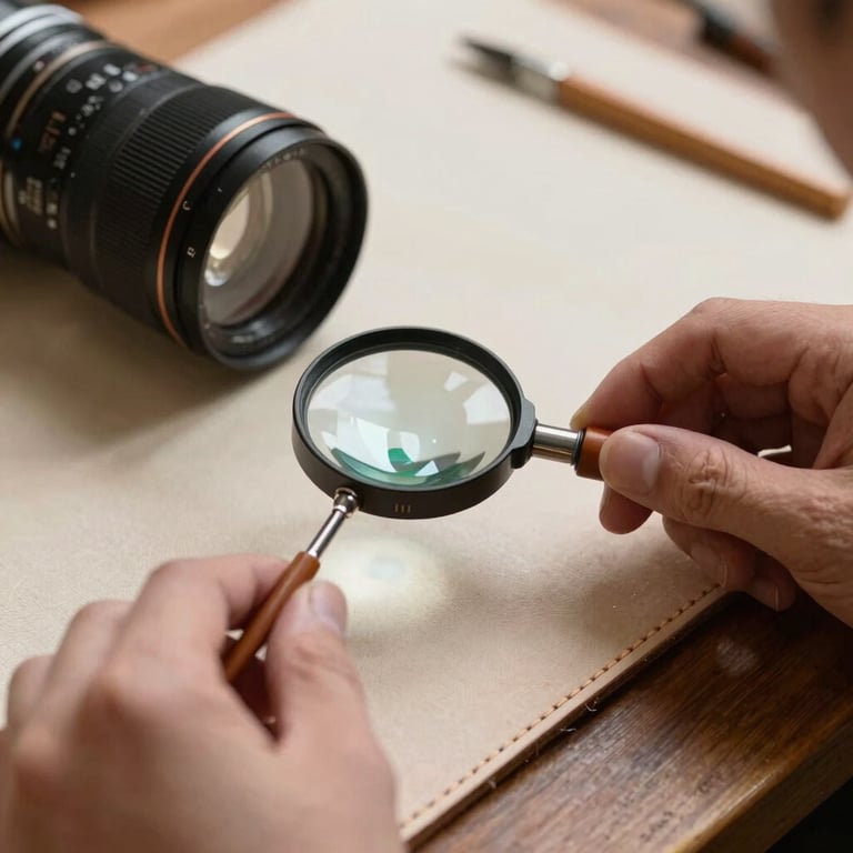 Close-up of a conservator using a high-precision linen tester magnifying glass over a hand-sewn leather binding