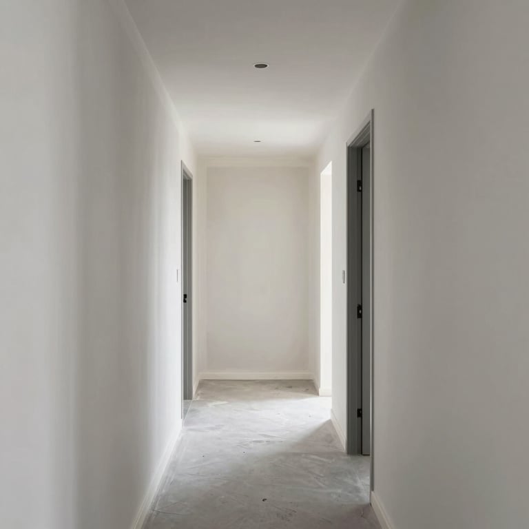 A perfectly finished drywall and fresh light-gray paint in a modern home hallway.