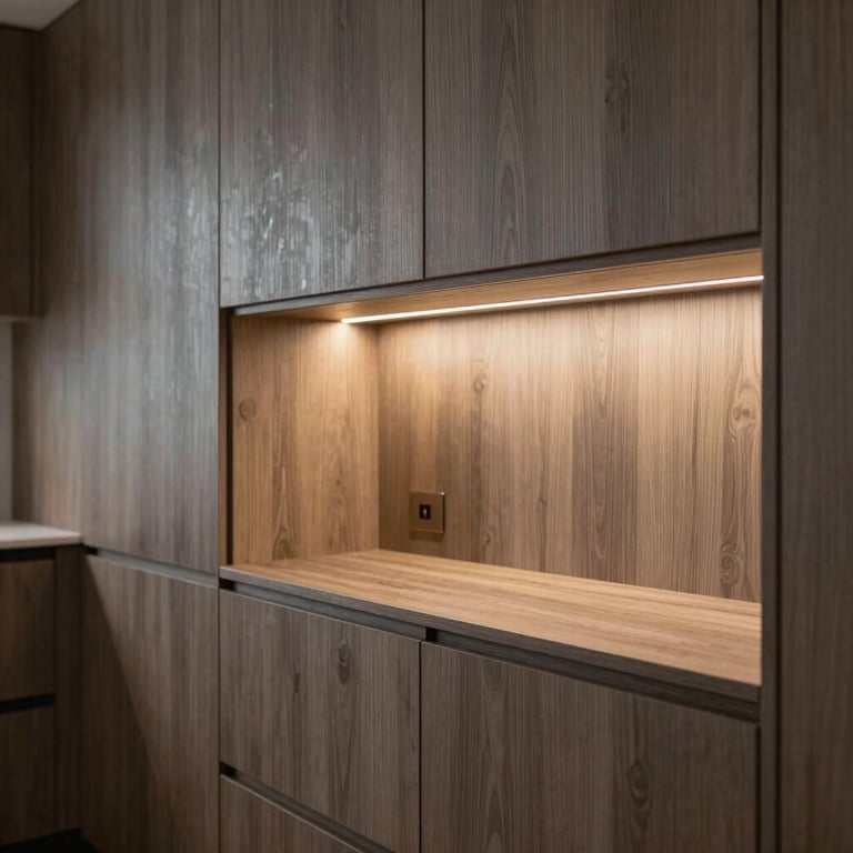 Custom kitchen cabinetry with built-in under-cabinet LED lighting for a sophisticated look.