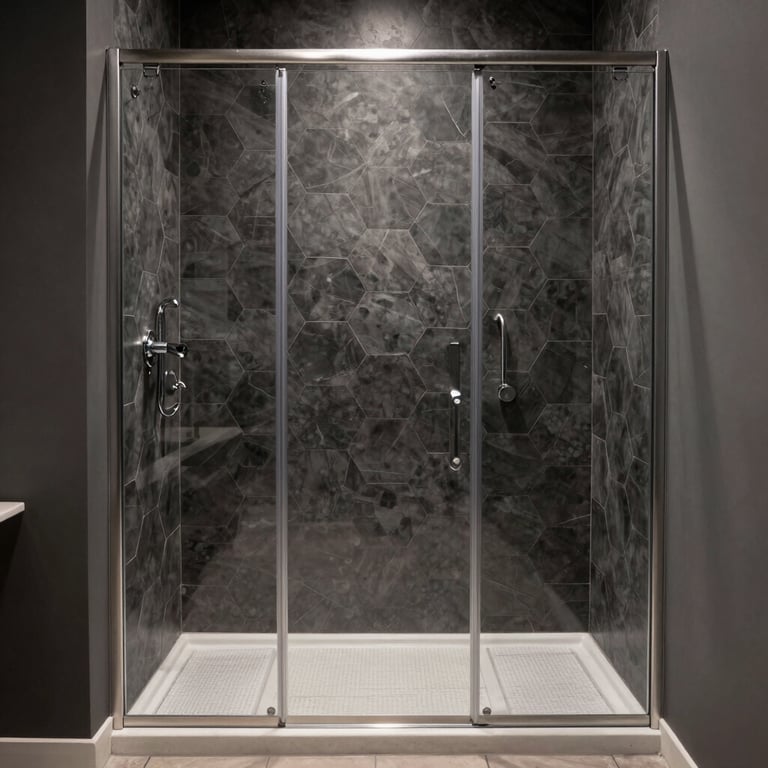 A clean, minimalist walk-in shower with charcoal hexagonal tiles and a glass door.