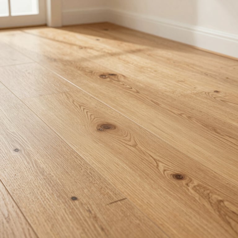 Close-up of professionally installed light oak hardwood flooring in a sunlit residential room.
