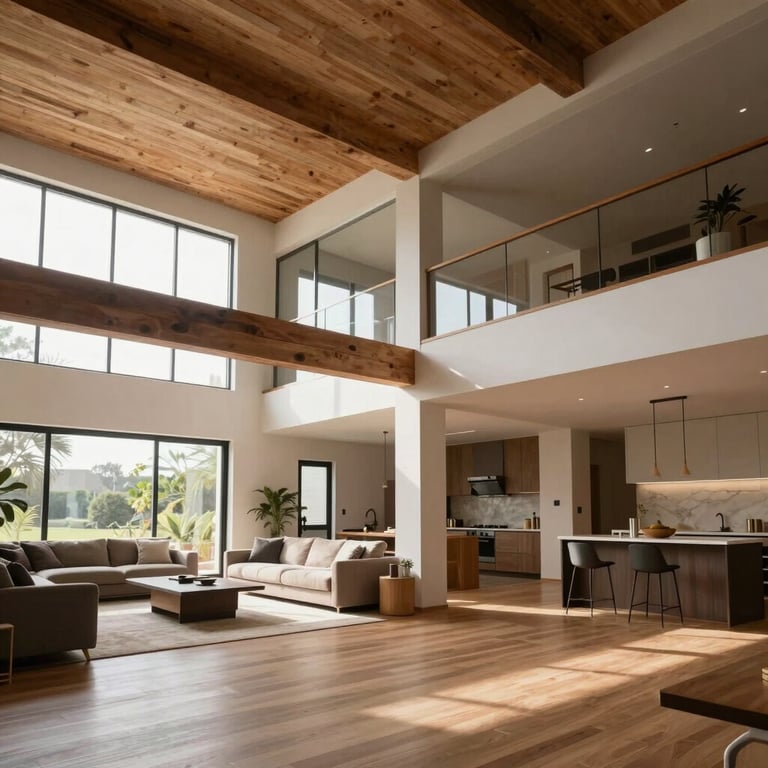 An open-concept living area showcasing high ceilings and professional interior structural finishing.