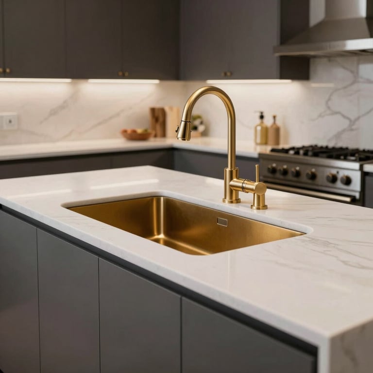 A premium kitchen island with white quartz and gold sink fixtures in a modern North American kitchen.