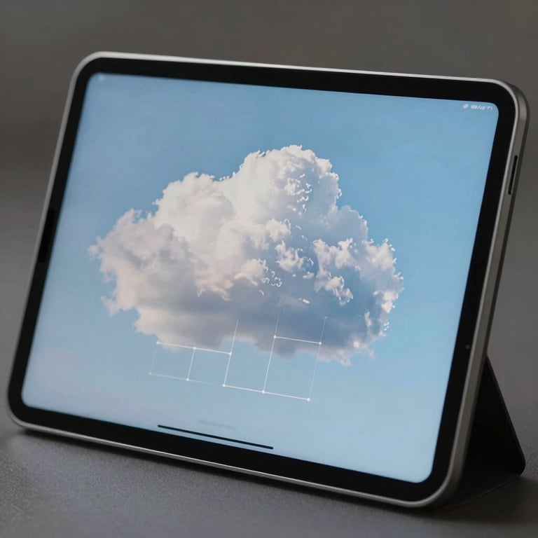 Photography of a sleek silver tablet displaying a cloud architecture diagram in soft steel blue colors.