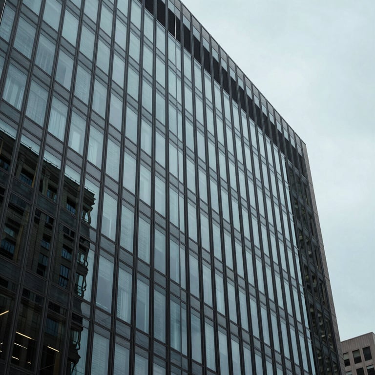 Photography of a North American office building exterior with glass walls reflecting a pale grey-blue sky, modern architecture.