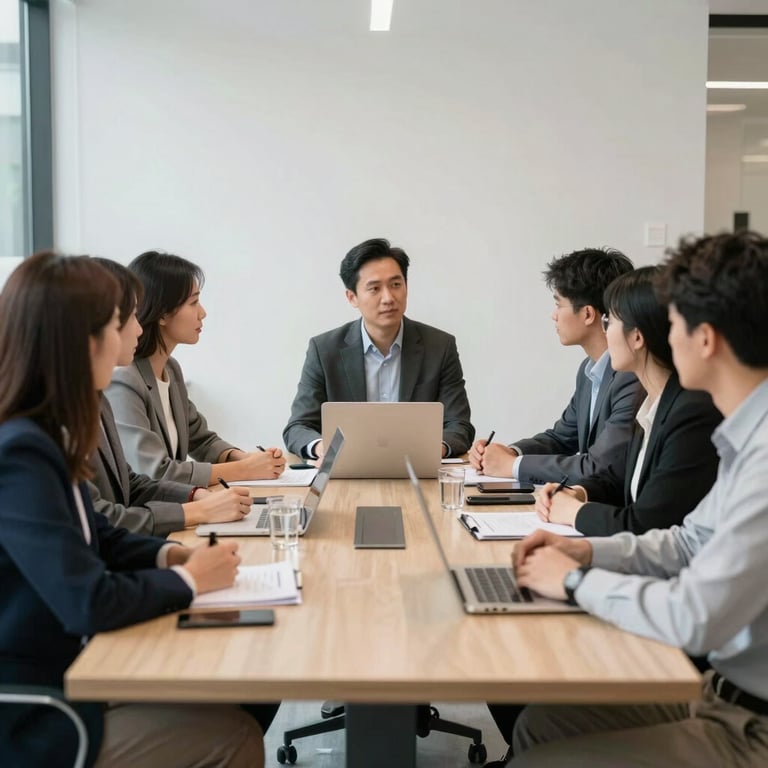 Photography of a professional team meeting in a bright North American tech hub, business casual attire, minimalist environment.