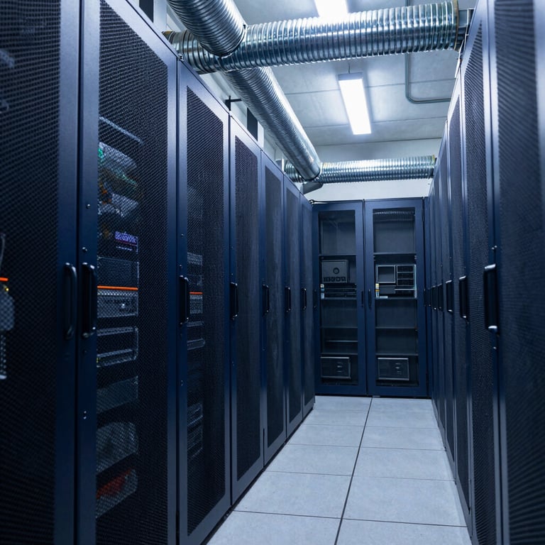 Photography of a data center corridor with midnight navy blue server cabinets and overhead cooling ducts.
