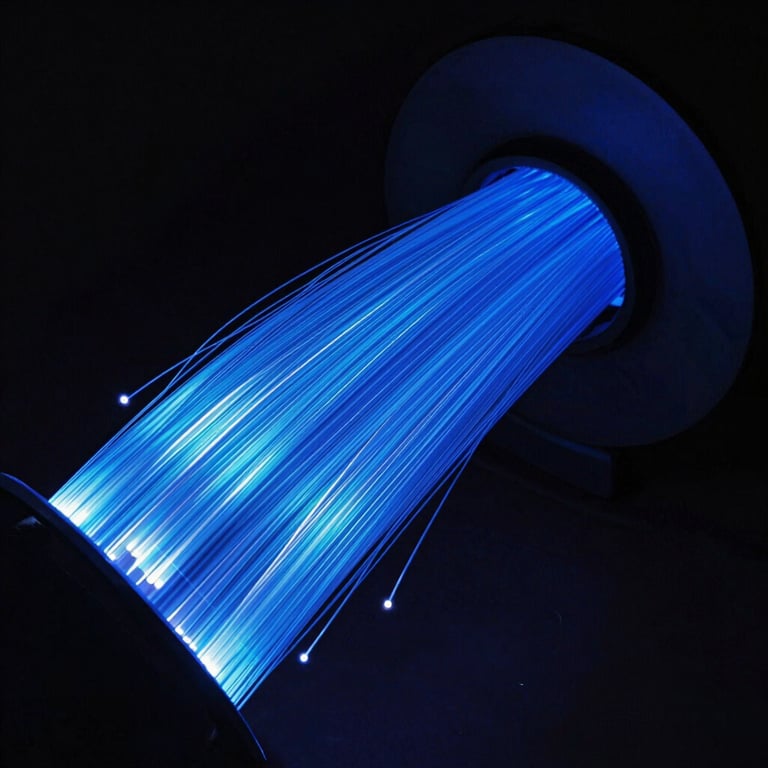 Photography of a high-speed fiber optic cable glowing with sapphire blue light, dark background.