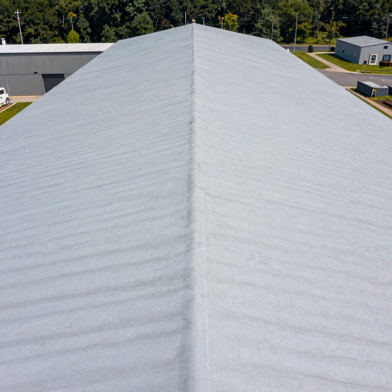 A wide shot of a newly installed light-gray rubber roofing system on a large New Jersey facility.