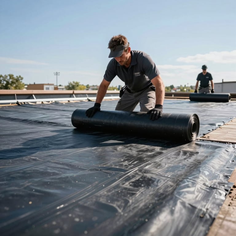 A professional roofing crew rolling out high-quality rubber membrane on a clear sunny day.