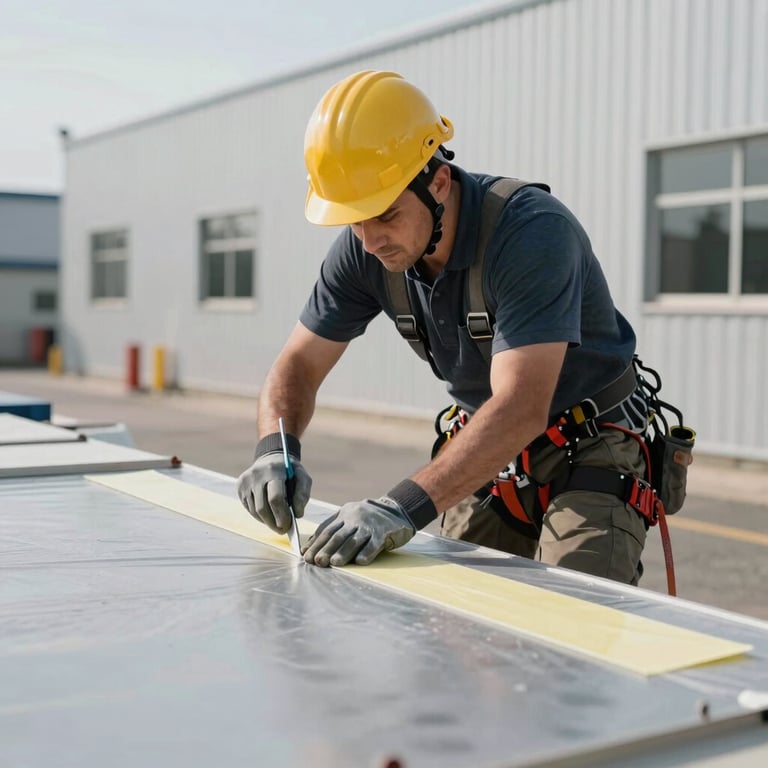 A roofer applying industrial-grade adhesive to a clean substrate on a commercial building.
