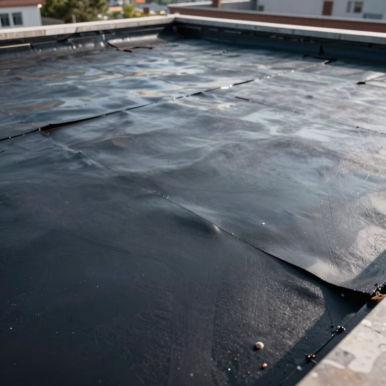 Before and after shot showing a damaged flat roof transformed into a sleek rubberized surface.
