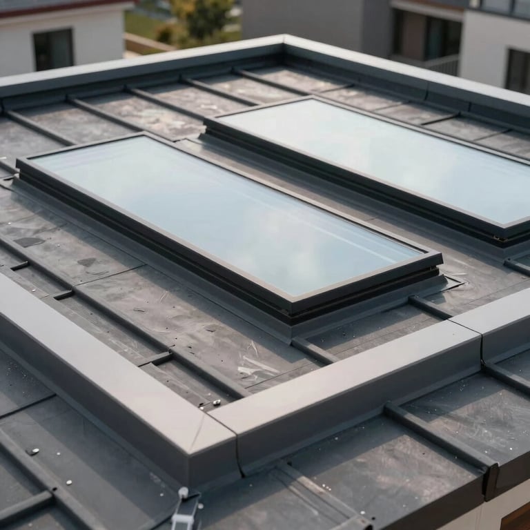 A finished residential flat roof with modern skylights and clean waterproof edges.