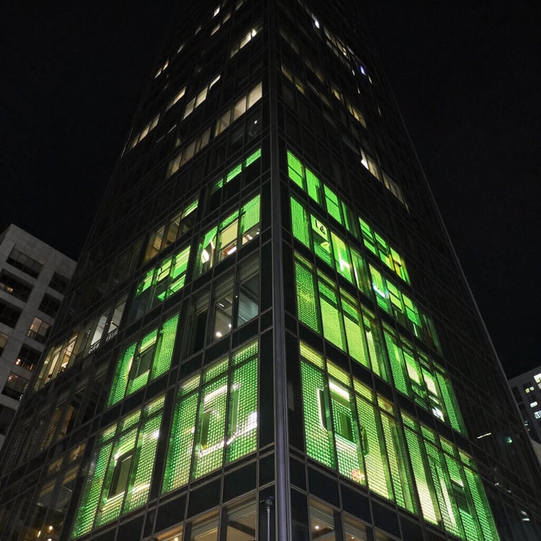 A low-angle exterior shot of a modern glass skyscraper at night reflecting bright neon green digital motifs, Global / International.