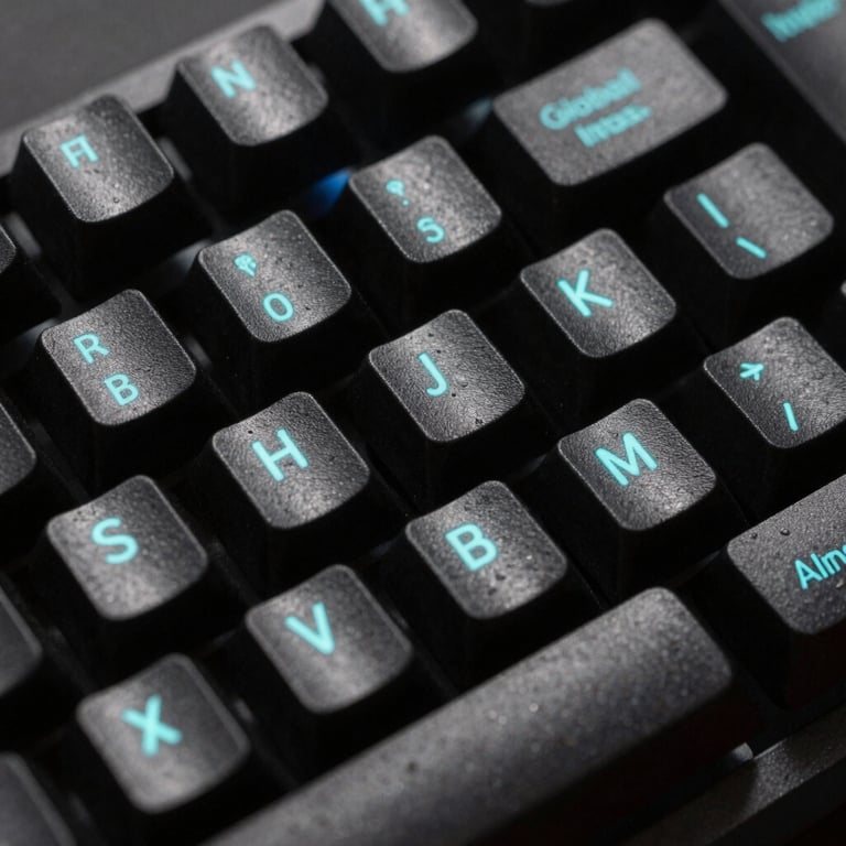 A macro shot of mechanical keyboard keys illuminated by a cyan light in a dark room, Global / International.