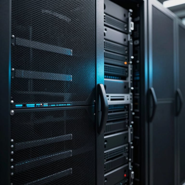 Deep shadows and bright cyan light hitting the edge of a server rack inside a secure data vault, Global / International.