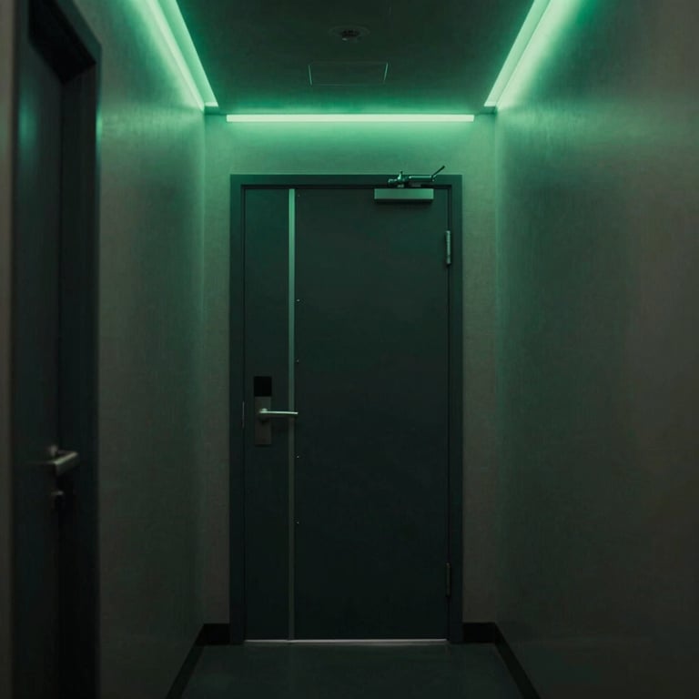 A cinematic shot of a dark hallway with neon green light bars lining the ceiling leading to a secure door.