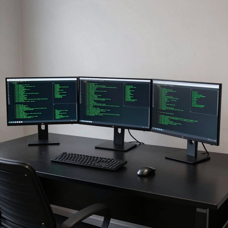 A sleek, black-on-black office desk with three high-resolution monitors glowing with green terminal text.