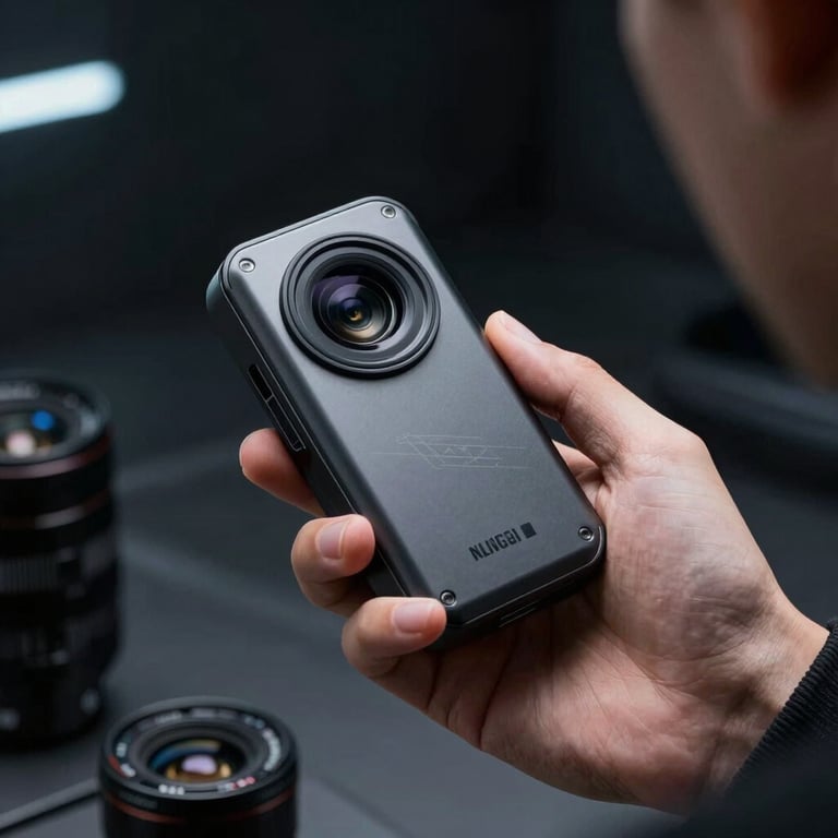 A close-up of a person's hands holding a high-tech encrypted security device in a dimly lit, futuristic setting.
