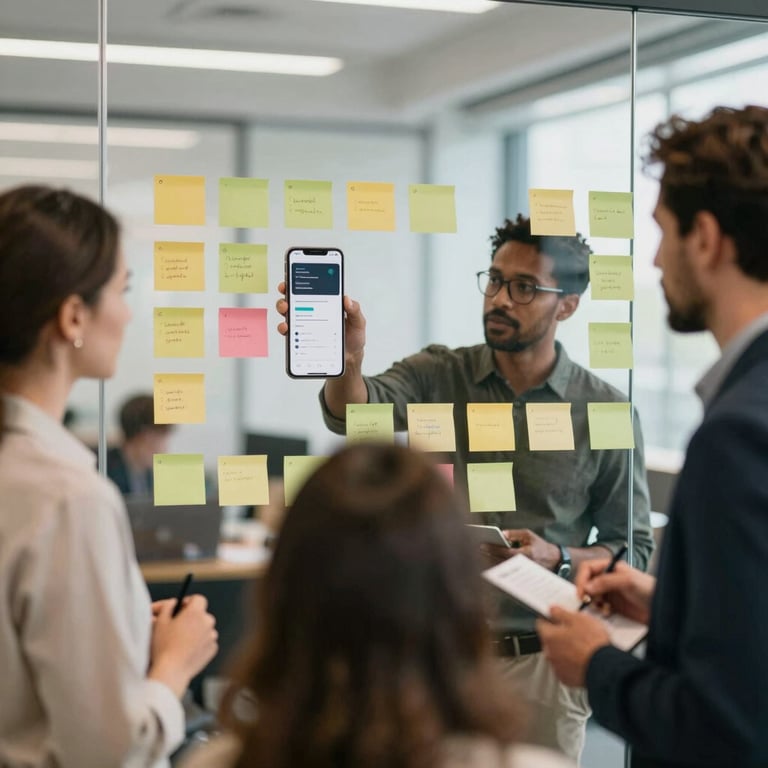 A group of diverse professionals brainstorming around a glass wall covered in mobile UI Post-it notes, with soft natural lighting.