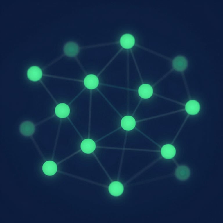 An abstract digital art piece representing connectivity and app architecture using the brand's navy and green color scheme.
