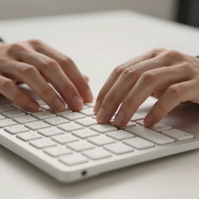 Close up of hands on a sleek keyboard in a clean, minimalist professional workstation with a luminous off-white theme.