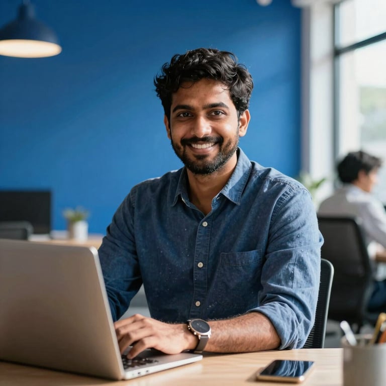 A smiling professional in a South Asian / Indian co-working space, bathed in natural sunlight with vibrant royal blue decor.