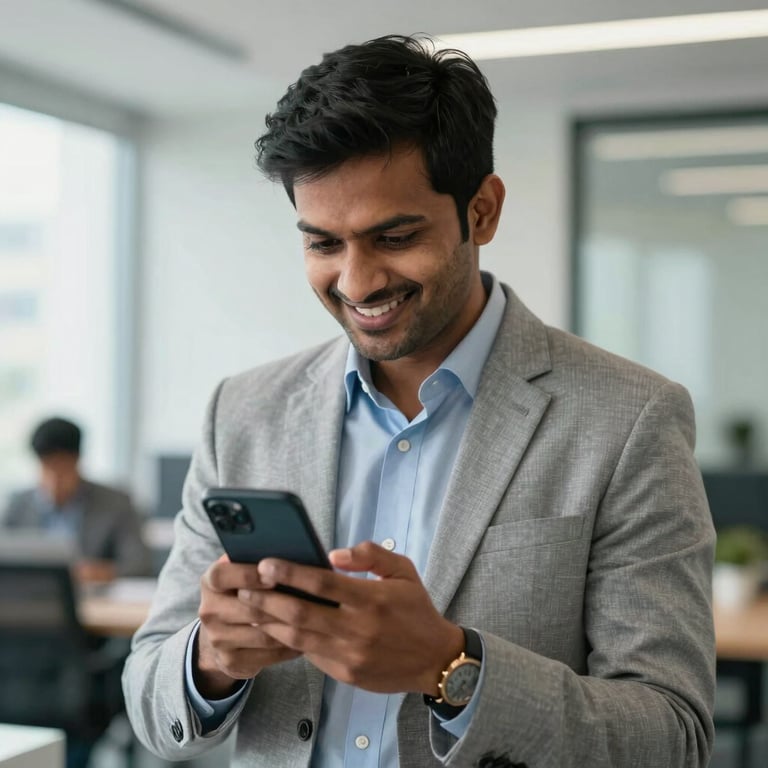 A South Asian / Indian professional in a bright office environment looking at a smartphone with an empowered expression.