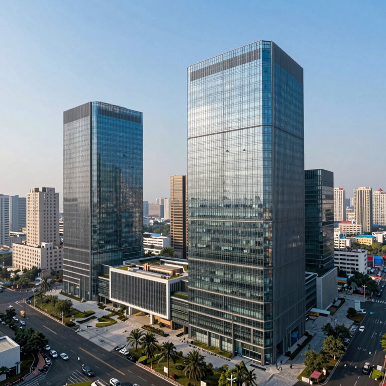 An aerial view of a modern tech park in a major South Asian / Indian city, featuring soft sky blue glass buildings.