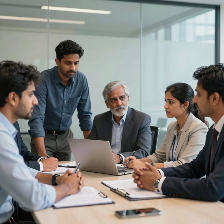 A group of focused professionals in a South Asian / Indian corporate meeting room having a productive discussion.