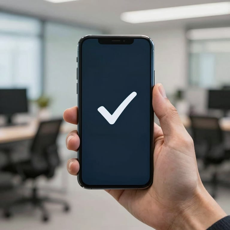 A hand holding a smartphone against a blurred office background, showing a successful application checkmark on the screen.