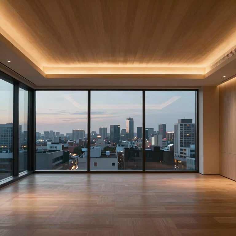 Interior view of a warm, minimalist living room at dusk, wooden ceiling soffit with recessed ambient lighting, floor-to-ceiling window framing a city view, empty space and proportion emphasized over furnishings