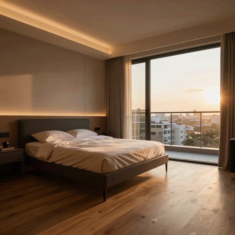 Warm bedroom interior at soft golden hour, engineered wood flooring, simple bedframe silhouette, ceiling detail with integrated lighting, large balcony door frame, exterior city view suggestion, minimal styling