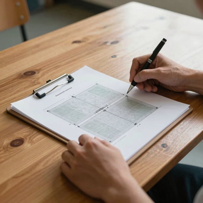 A wooden table in a traditional sports clubhouse, hands reviewing a physical site layout plan for tennis courts next to a metal clipboard, soft natural light.