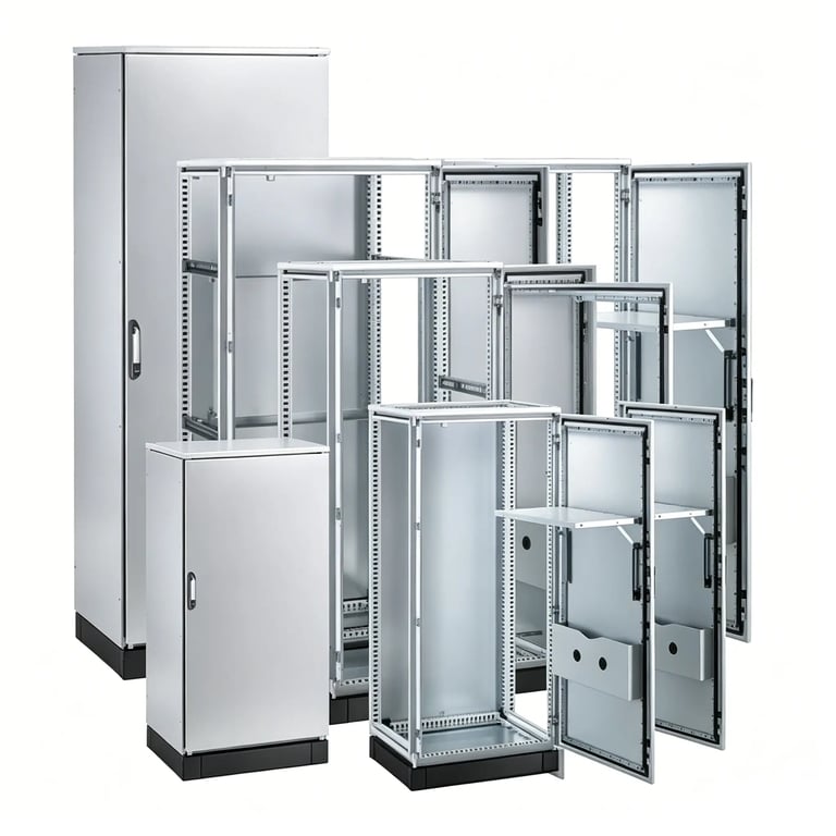 Various sizes of modular industrial electrical enclosures and server rack cabinets in gray steel.