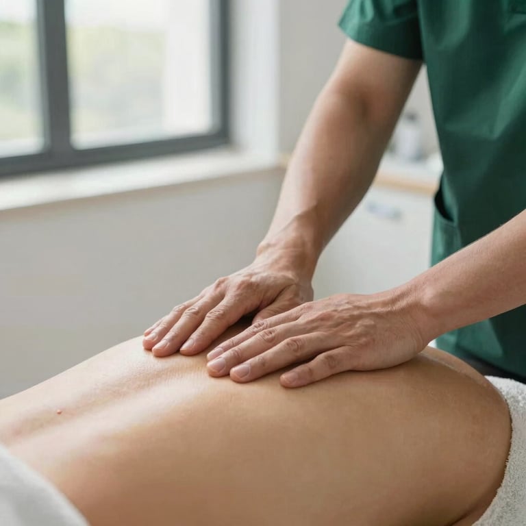 Close-up of professional hands-on neurotherapy session, therapist gently applying precise pressure to a specific point on the back, clean modern clinic, soft natural daylight, shallow depth of field