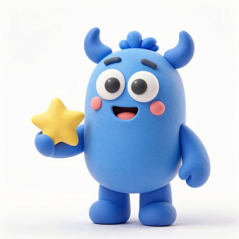 Playful 3D claymation cute blue monster tutor with big friendly eyes smiling, holding a tiny star, clean white background