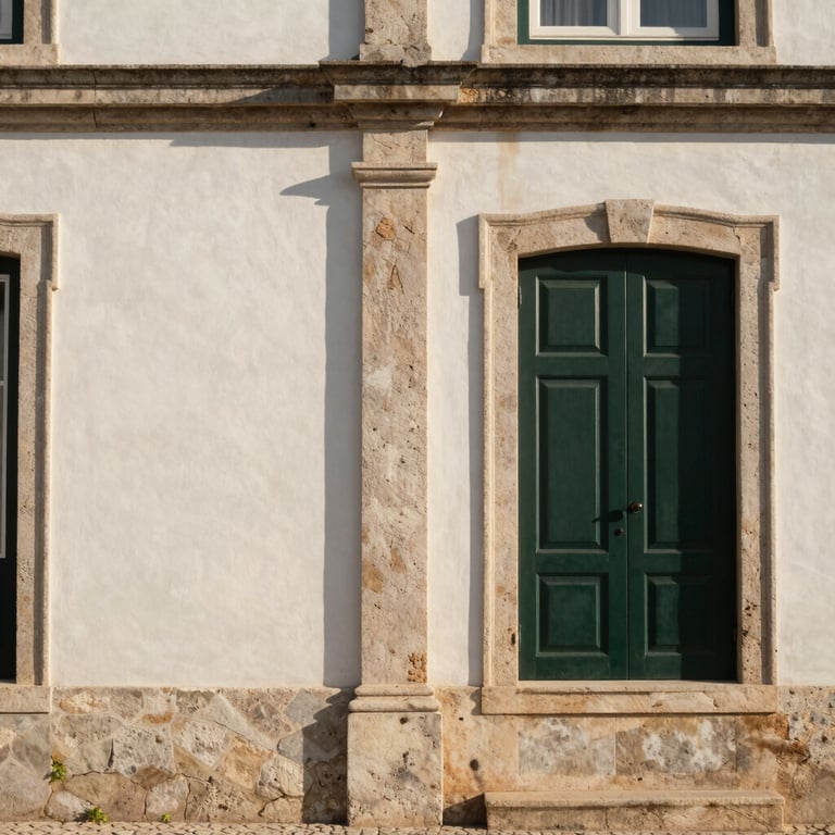 Architectural detail of a traditional Portuguese stone building facade in soft late-afternoon sun, clean lines, elegant shadows, negative space on the left